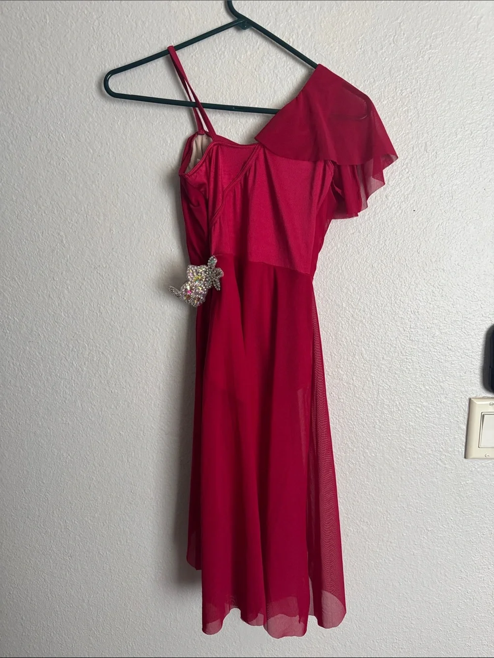 Weissman Red One-Shoulder Chiffon Dance Leotard Costume with Rhinestones Size CL